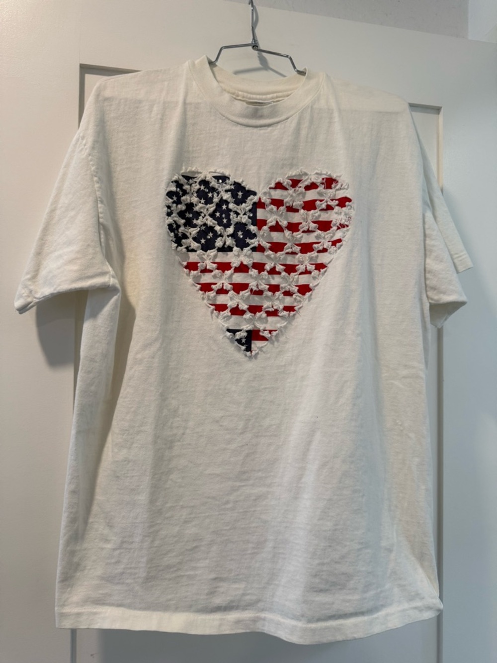 Vintage White Tee with American Flag Heart Graphic Size Large